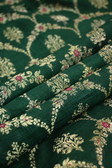 Bottle Green Raw Silk Fabric with Gold Zari Meenakari Frames