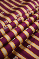 Wine Pure Satin Silk Fabric with Zari Buti and Resham Stripes