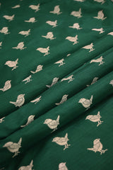 Bottle Green Satin Silk Fabric with Gold Zari Bird Butis