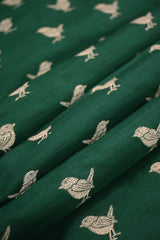 Bottle Green Satin Silk Fabric with Gold Zari Bird Butis