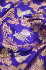 Purple Pure Katan Silk Fabric with Gold Zari Geometric Leaf Jaal