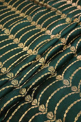 Bottle Green Satin Silk Fabric with Gold Zari Arc & Lotus Butis
