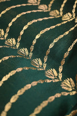 Bottle Green Satin Silk Fabric with Gold Zari Arc & Lotus Butis