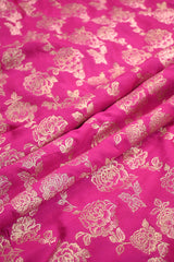 Hot Pink Banarasi Silk Fabric with Gold Zari Rose Jaal