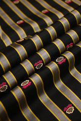 Black Pure Satin Silk Fabric with Zari Buti and Resham Stripes
