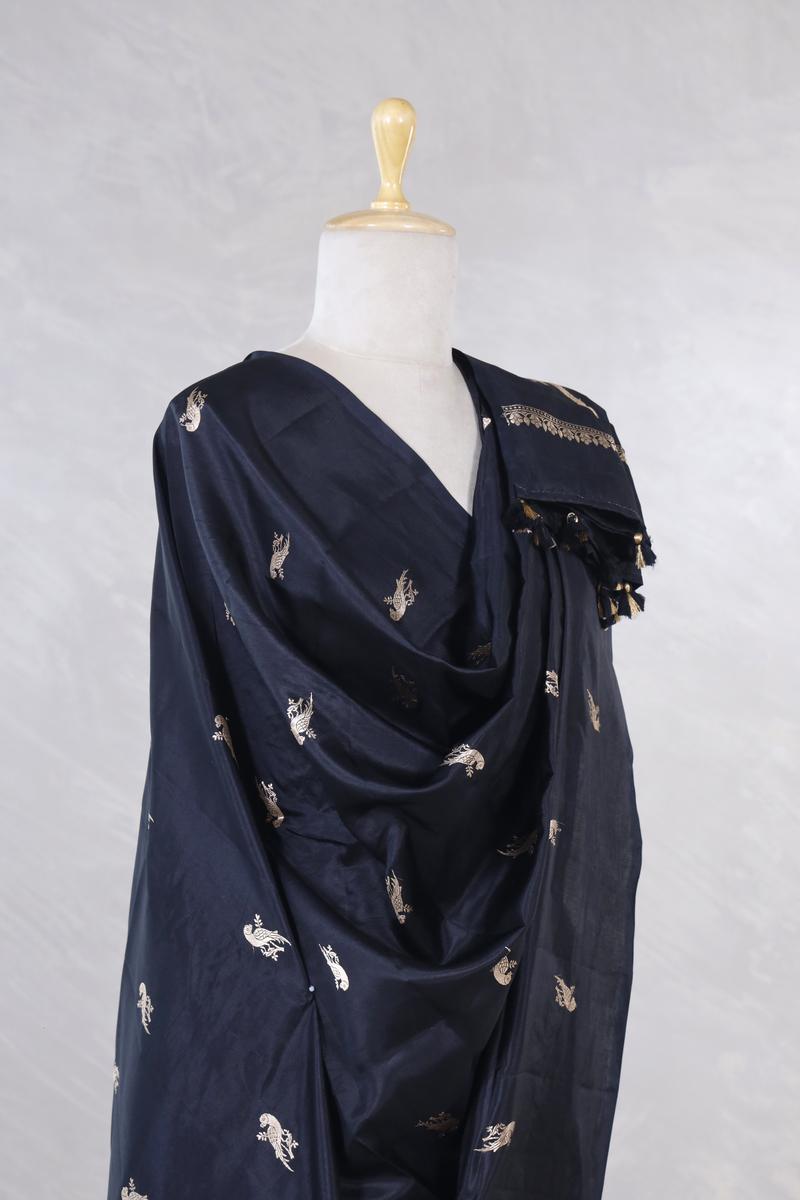 Black Banarasi Silk Dupatta with Bird Motifs