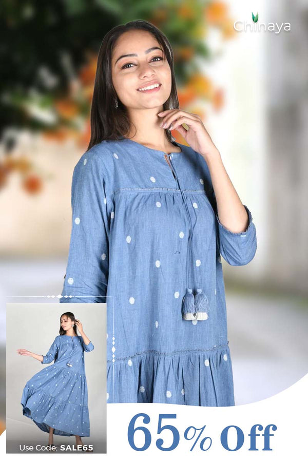 Chambrey Blue Cotton Flaired Dress for women by  Chinaya Banaras
