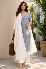 Blue Unstitched Cotton Suit Piece With Checks And Floral Grid Design