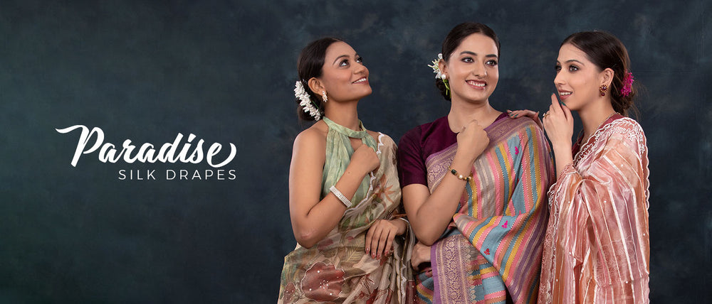 3 women in Best Designer Banarasi Silk Sarees in Chinaya Banaras