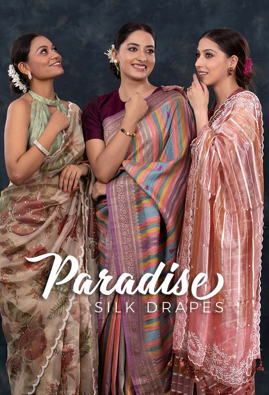 3 women in Best Designer Banarasi Silk Sarees in Chinaya Banaras