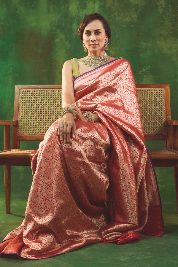 Women In Red Handwoven  Banarasi  Silk Saree At Chinaya Banaras