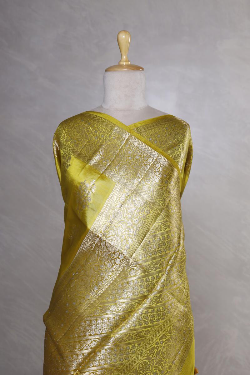 Yellow Banarasi Dupion Silk Saree Meenakari Motifs