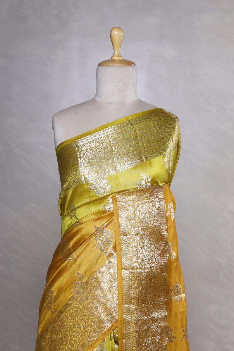 Yellow Banarasi Dupion Silk Saree Meenakari Motifs