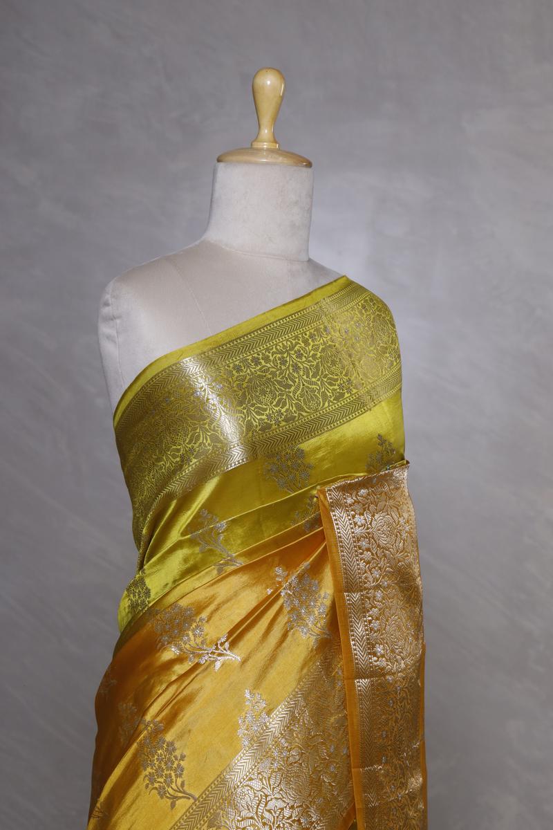 Yellow Banarasi Dupion Silk Saree Meenakari Motifs
