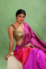 Purple & Pink Shaded Dupion Silk Saree with Gold Zari Floral Buti