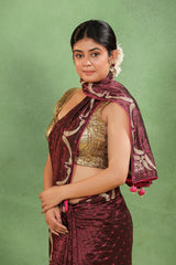 Maroon Dupion Silk Bandhej Saree with Cutdana Mayur Motif