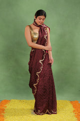Maroon Dupion Silk Bandhej Saree with Cutdana Mayur Motif