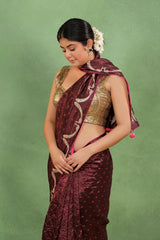 Maroon Dupion Silk Bandhej Saree with Cutdana Mayur Motif
