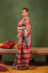 Multicolor Dupion Silk Bridal Saree with Digital Print & Pitta Zari
