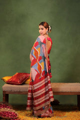 Multicolor Dupion Silk Bridal Saree with Digital Print & Pitta Zari