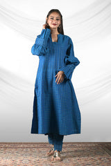 Women Teal Blue Woven Cotton Kurta Set by Chinaya Banaras