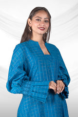 Women Teal Blue Woven Cotton Kurta Set by Chinaya Banaras