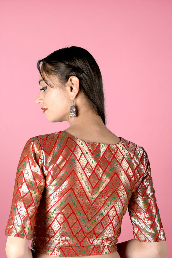 Red ZigZag Handwoven Banarasi Silk Blouse At Chinaya Banaras