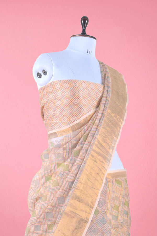 Nude Pink Geometrical Printed Kota Doria Saree - Chinaya Banaras
