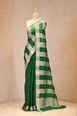 Bottle Green Organza Silk Saree with Half & Half Crushed Tissue Zari Stripes