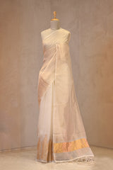Off-White Half n Half Organza Silk Saree with Applique Work
