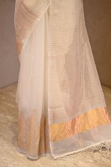 Off-White Half n Half Organza Silk Saree with Applique Work