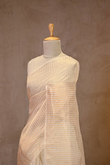 Off-White Half n Half Organza Silk Saree with Applique Work
