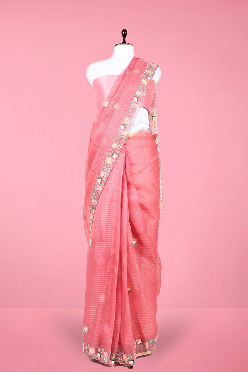 Pink Embroidered Organza Silk Saree By Chinaya Banaras
