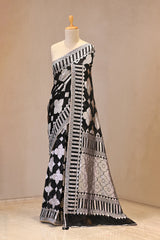 Black Georgette Khaddi Silk Saree with Silver Zari Geometric