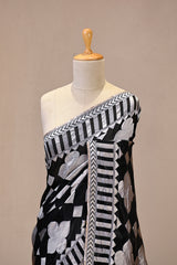 Black Georgette Khaddi Silk Saree with Silver Zari Geometric