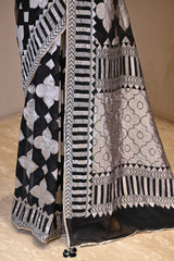 Black Georgette Khaddi Silk Saree with Silver Zari Geometric