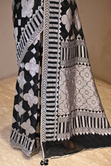 Black Georgette Khaddi Silk Saree with Silver Zari Geometric