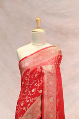 Red Semi-Satin Silk Saree with Gold Zari Woven Floral Jaal