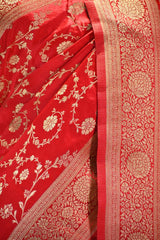 Red Semi-Satin Silk Saree with Gold Zari Woven Floral Jaal