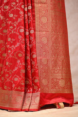 Red Semi-Satin Silk Saree with Gold Zari Woven Floral Jaal