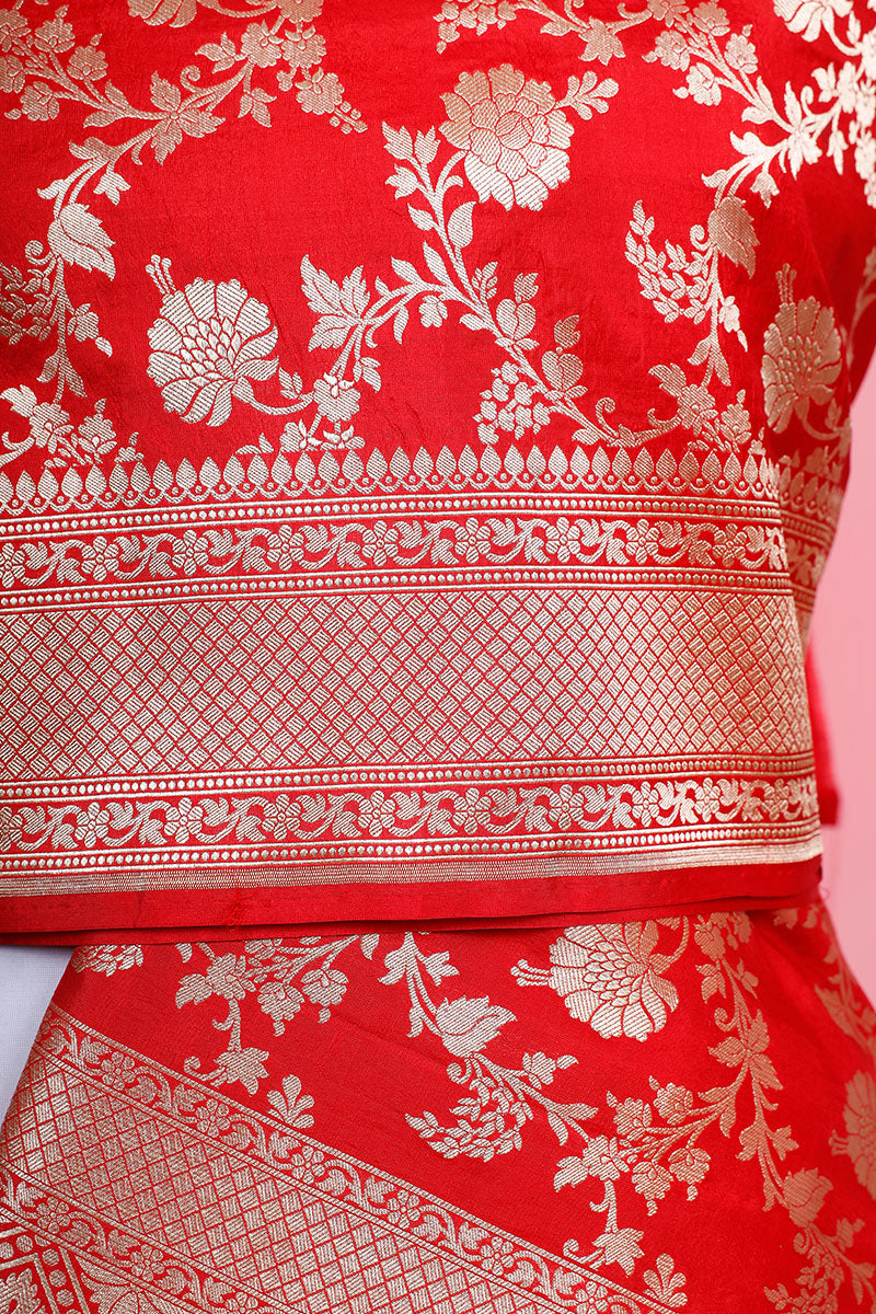 Red Floral Jaal Hanwoven Banarasi Katan Silk Dupatta
