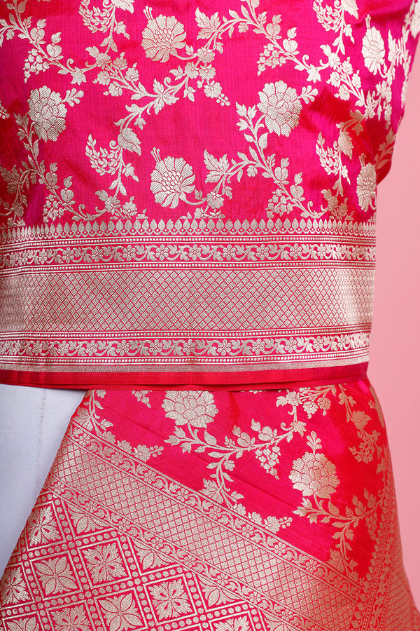 Pink Floral Jaal Handwoven Banarasi Katan Silk Dupatta