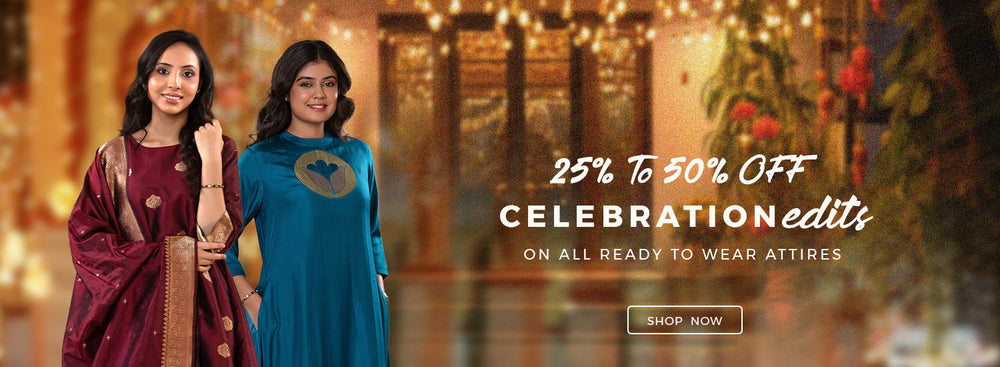 Two women in Banarasi silk suit and kurti designer attire with a promotional text overlay for clothing sale.