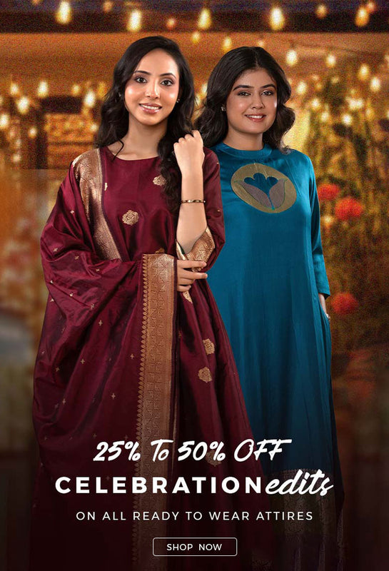 Two women in Banarasi silk suit and kurti designer attire with a promotional text overlay for clothing sale.