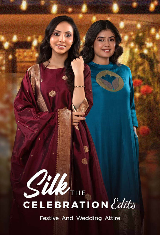 Two women in festive attire with text about celebratory and wedding clothing, like salwar suit and sarees