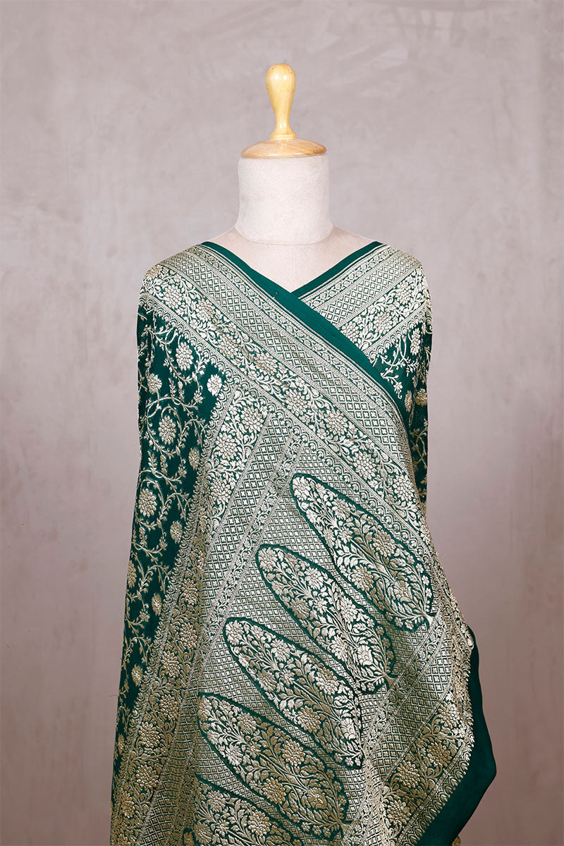 Bottle Green Georgette Saree with Jangla Floral Work