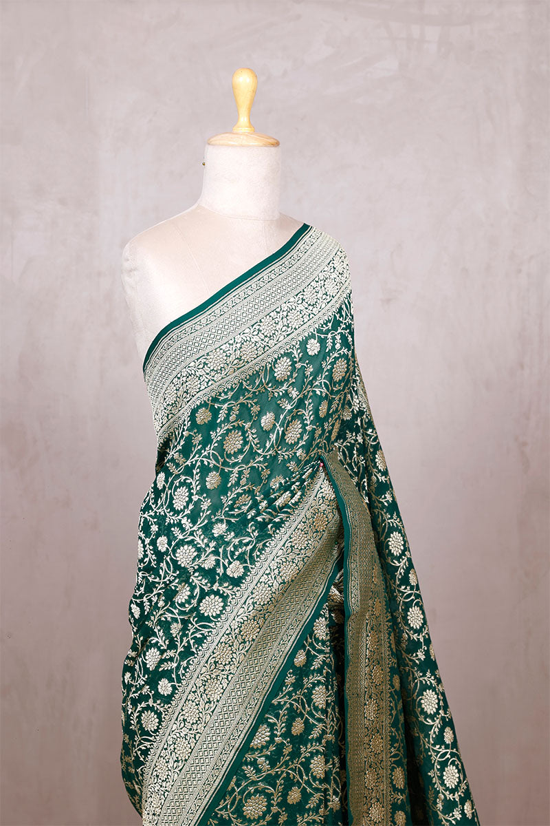 Bottle Green Georgette Saree with Jangla Floral Work
