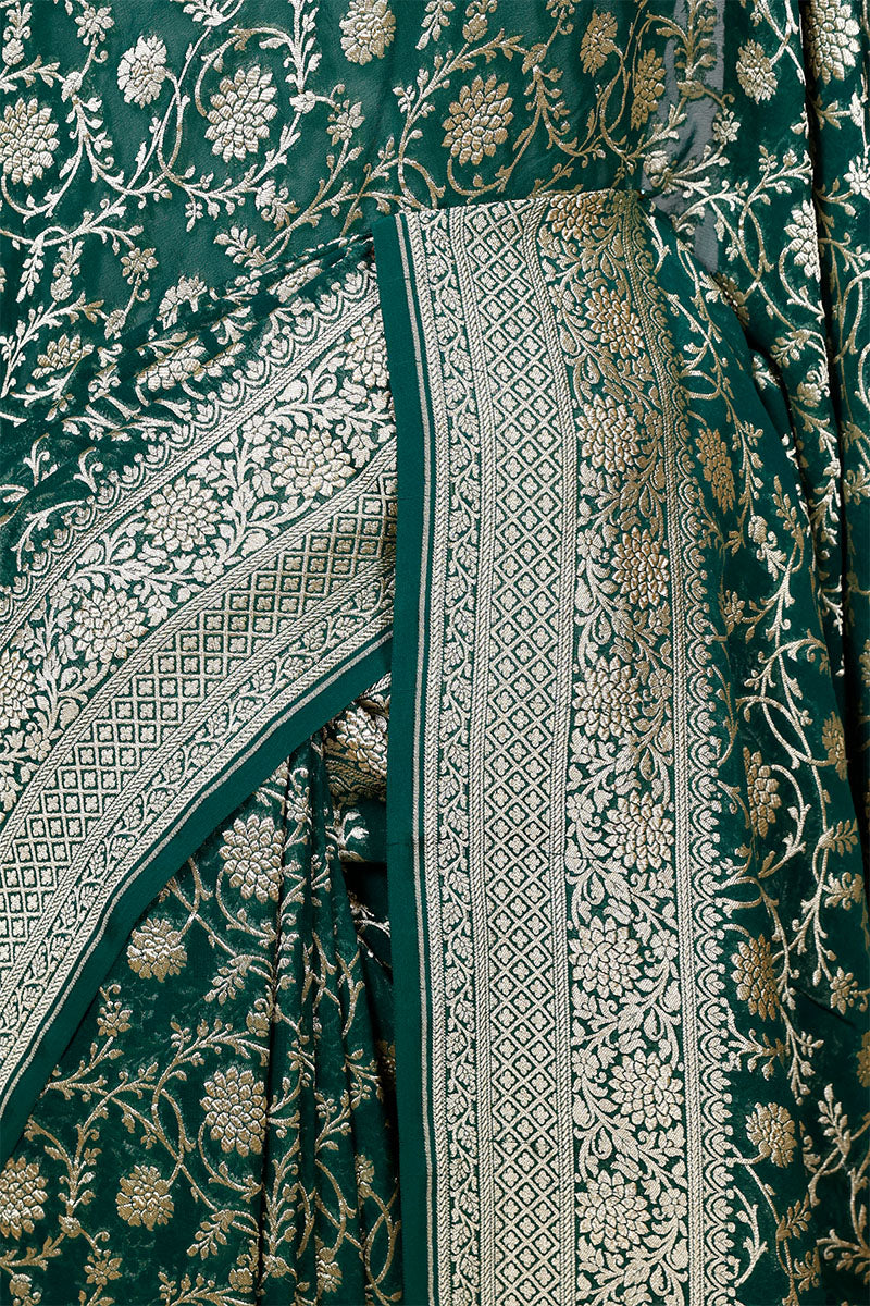 Bottle Green Georgette Saree with Jangla Floral Work