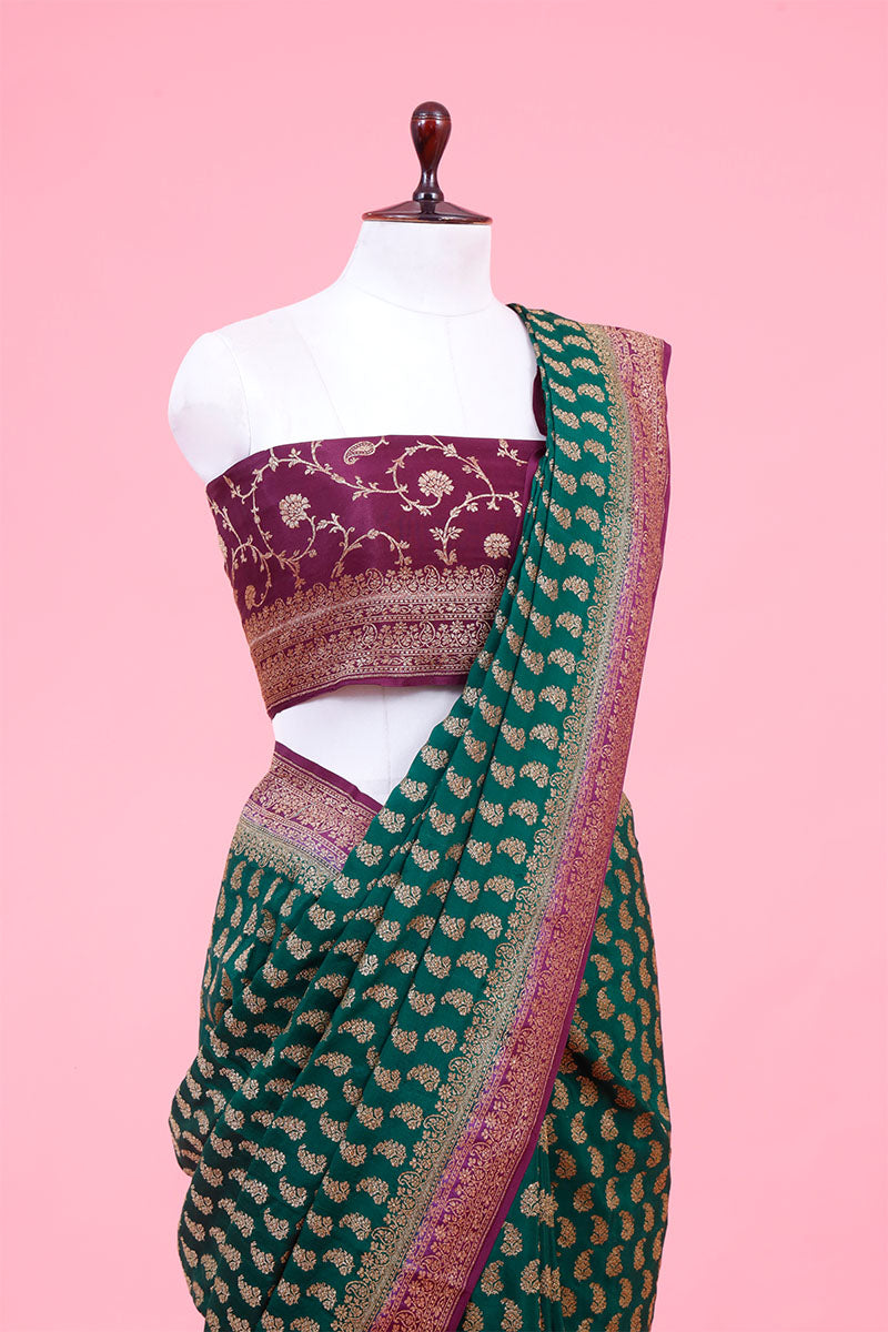 Forest Green Pure Crepe Silk Saree