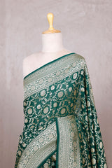 Bottle Green Georgette Saree with Jangla Floral Work